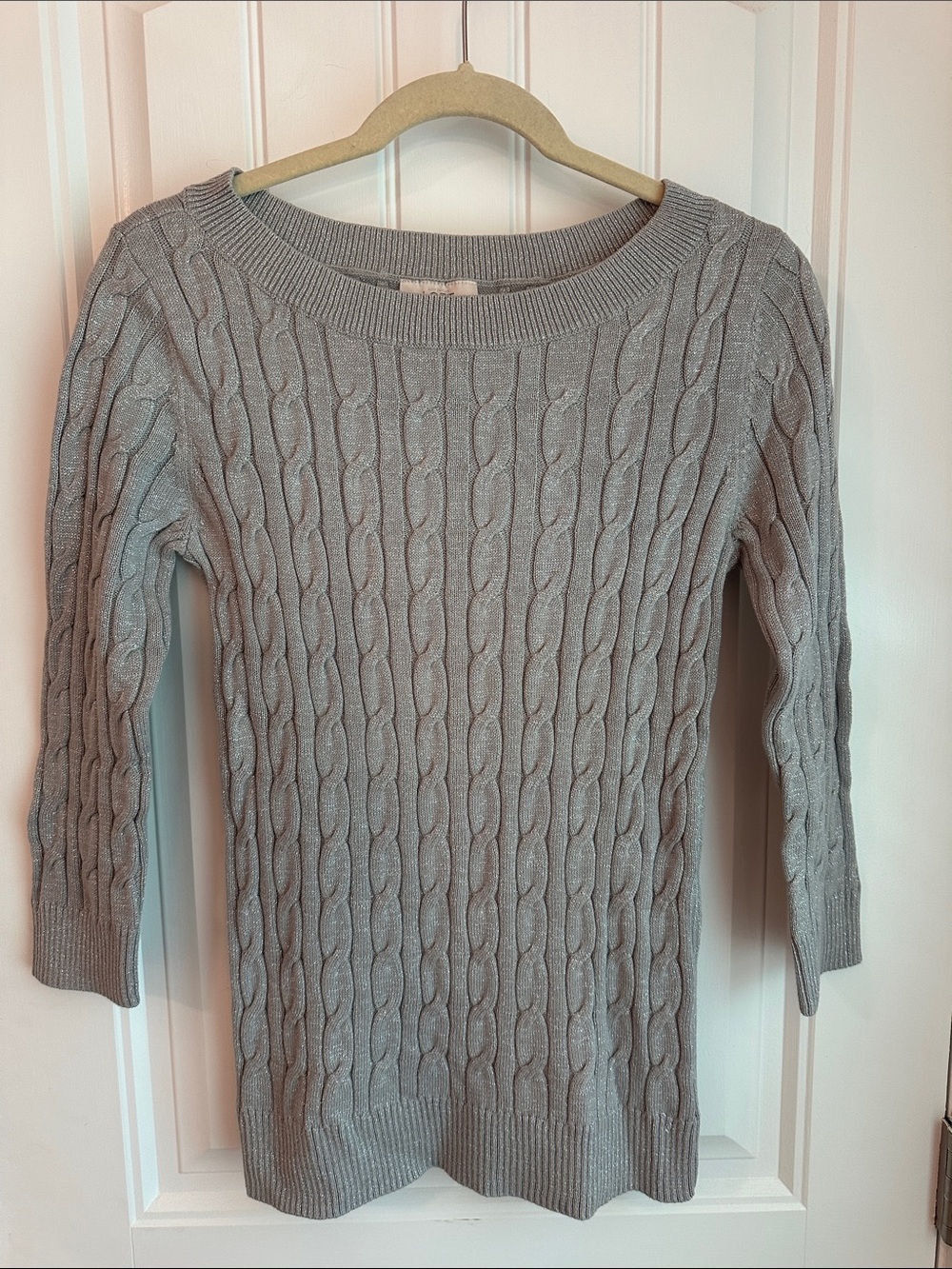 LOFT Silver-Gray Cable Knit Scoop Neck Sweater
